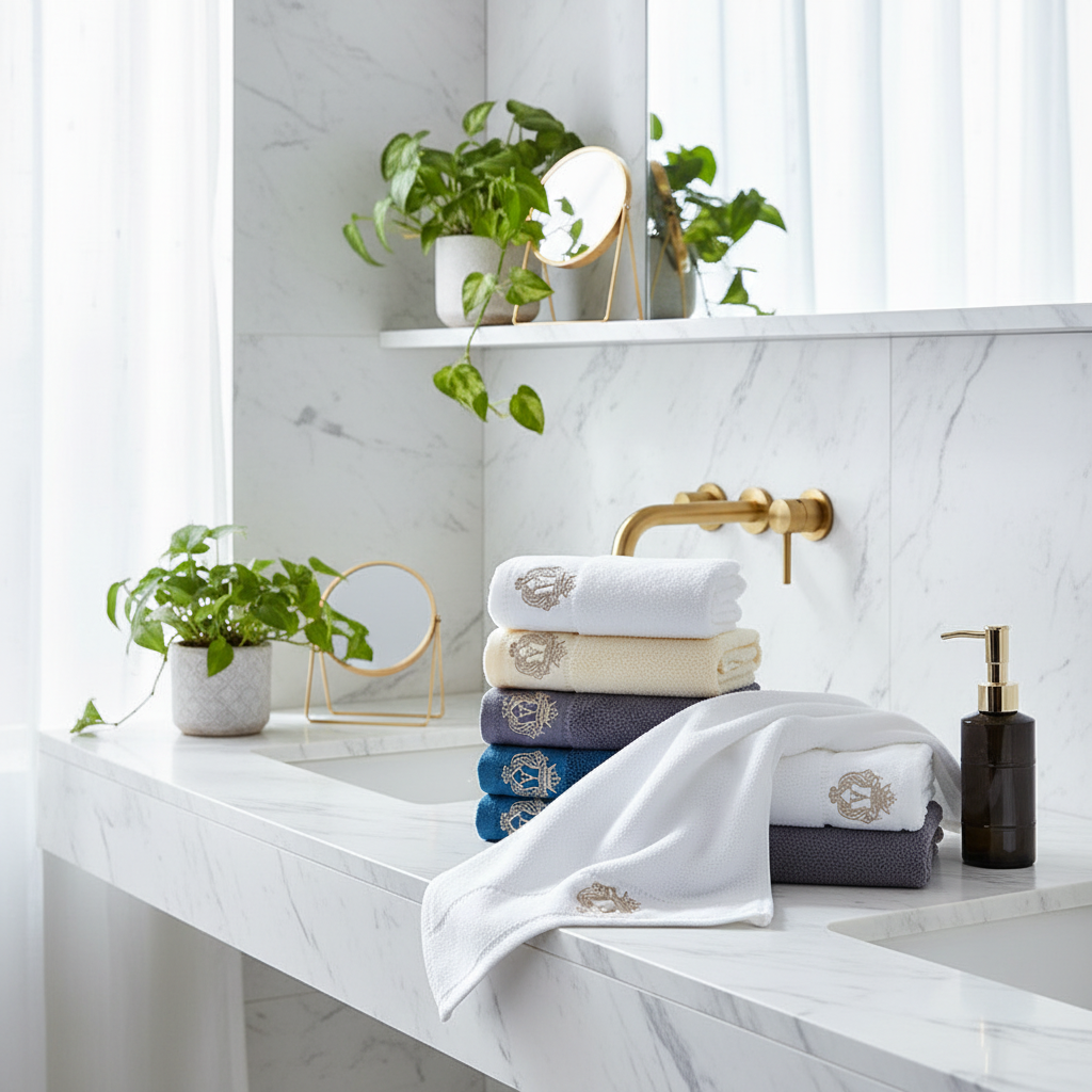 Embroidered Crest Cotton Towel — Luxury Hotel Style Bath & Hand Towel | 4 Colours