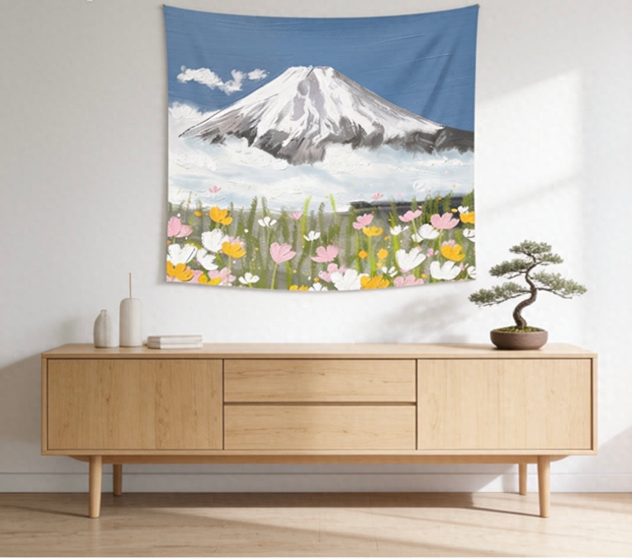 Snow-Capped Mountain Wildflower Wall Tapestry — Aesthetic Nature Bedroom & Boho Decor