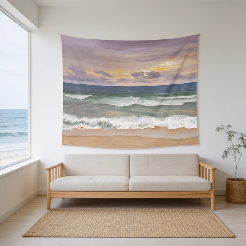 Sunset Beach Wave Wall Tapestry — Coastal Boho Bedroom & Living Room Decor