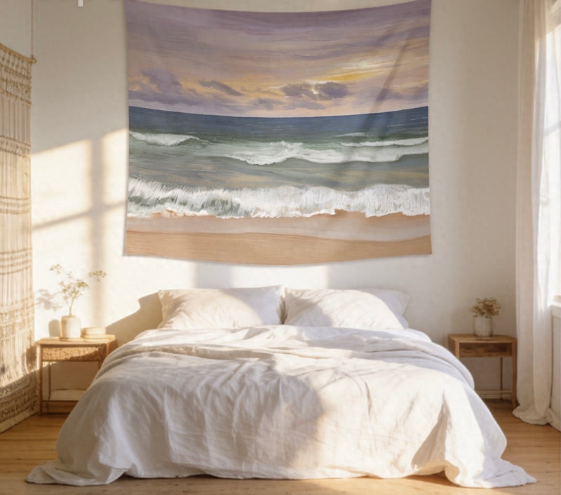 Sunset Beach Wave Wall Tapestry — Coastal Boho Bedroom & Living Room Decor