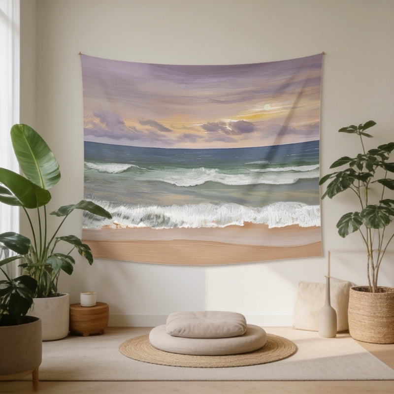 Sunset Beach Wave Wall Tapestry — Coastal Boho Bedroom & Living Room Decor