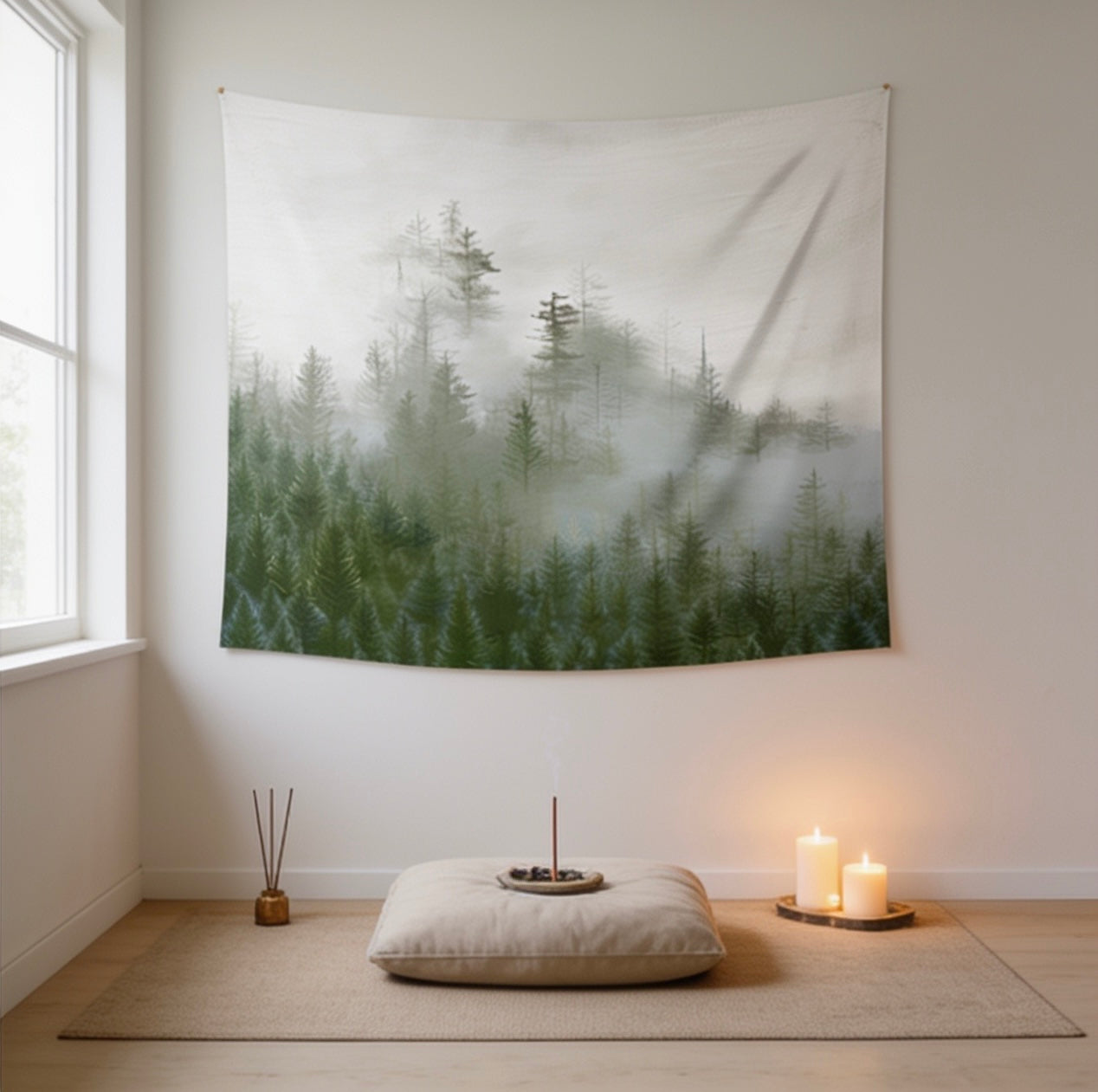 Misty Forest Wall Tapestry — Nature-Inspired Boho & Dark Academia Decor