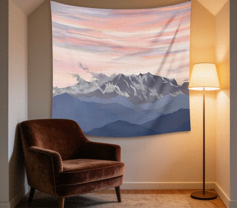 Snowy Mountain Sunset Wall Tapestry — Aesthetic Nature Bedroom & Boho Decor