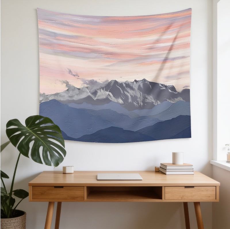 Snowy Mountain Sunset Wall Tapestry — Aesthetic Nature Bedroom & Boho Decor
