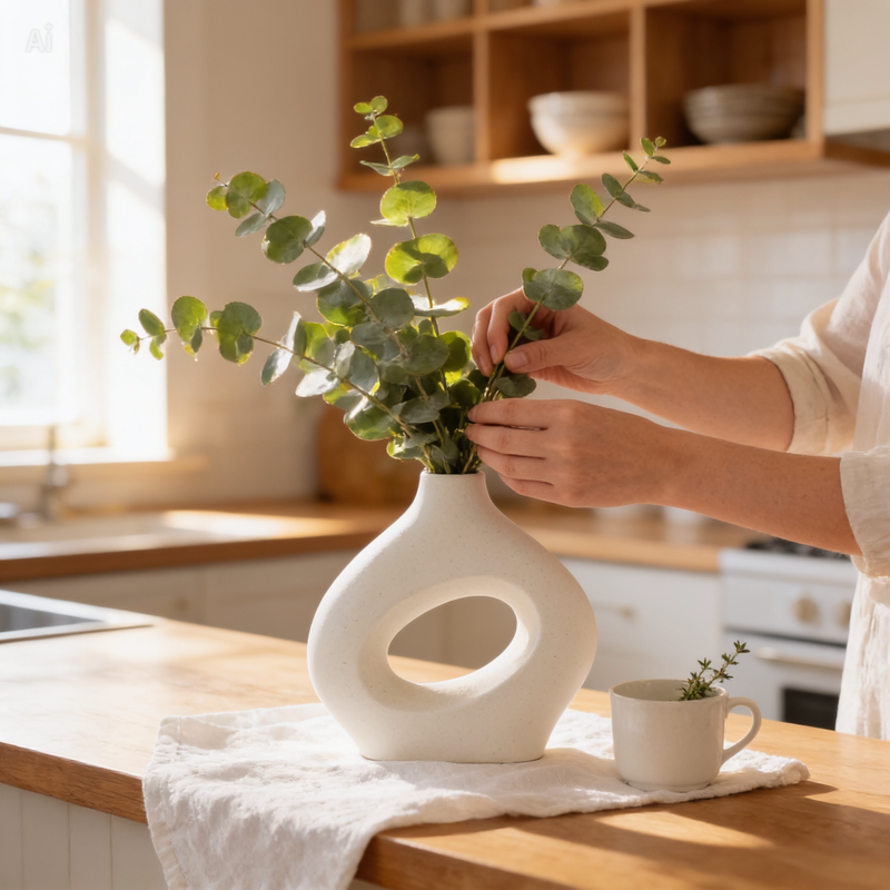 Matte Ceramic Ring Vase — Modern Boho Home Decor | White & Black