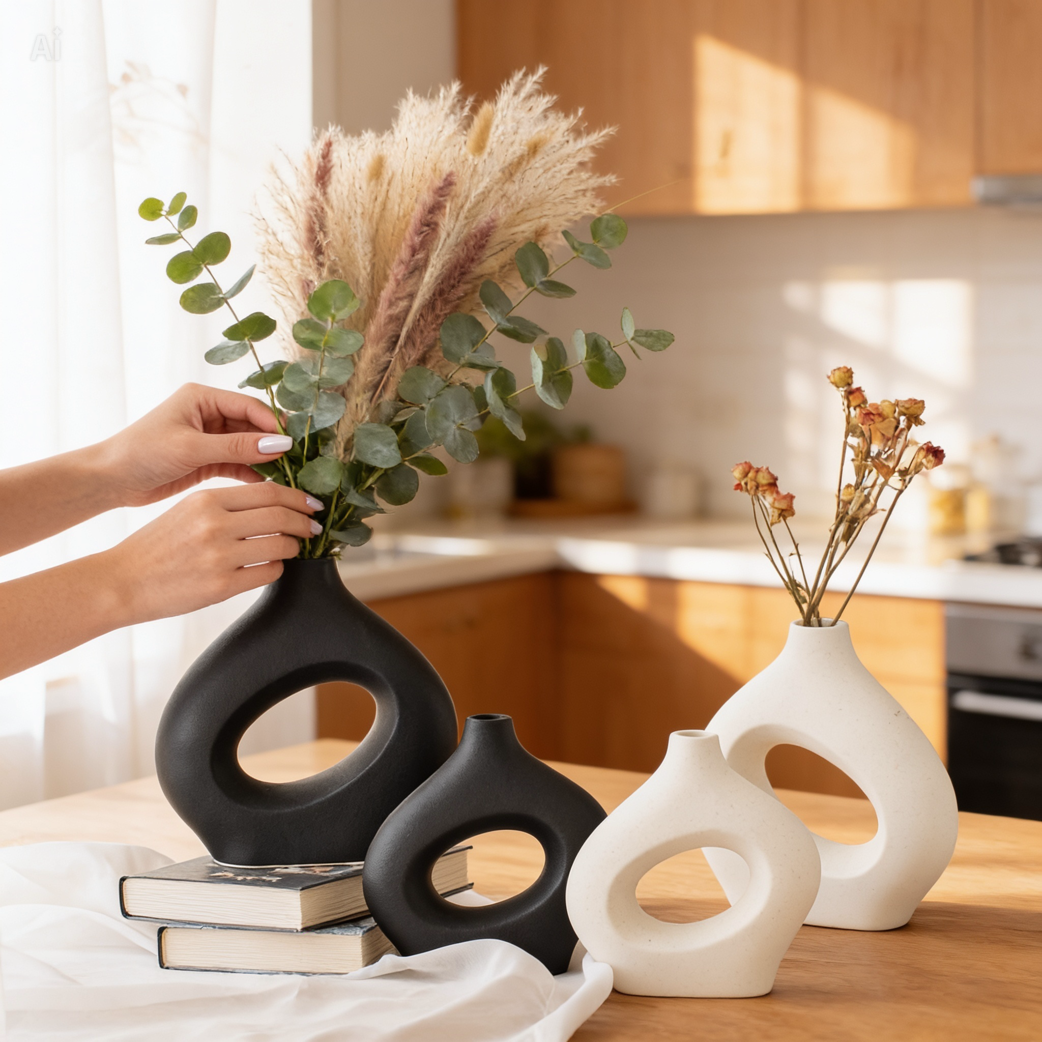 Matte Ceramic Ring Vase — Modern Boho Home Decor | White & Black