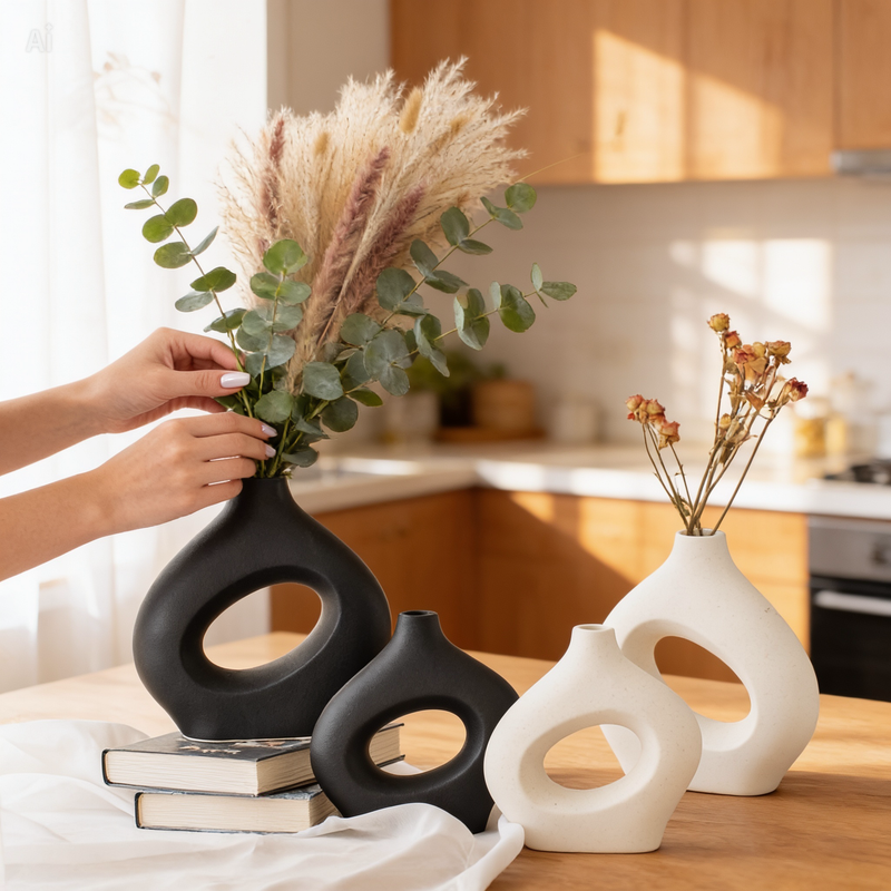 Matte Ceramic Ring Vase — Modern Boho Home Decor | White & Black