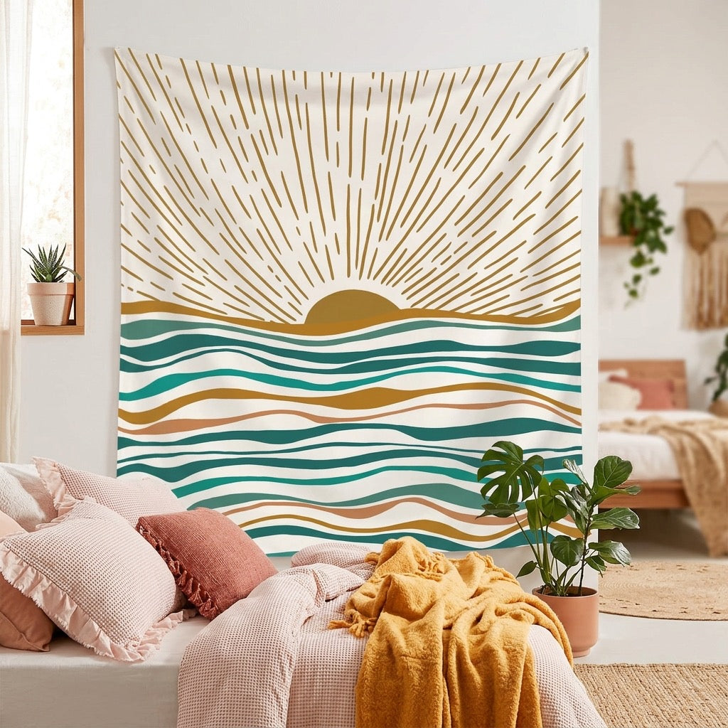 Boho Sun Wave Wall Tapestry — Celestial Bedroom & Living Room Decor