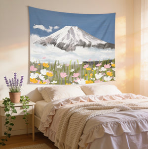 Snow-Capped Mountain Wildflower Wall Tapestry — Aesthetic Nature Bedroom & Boho Decor