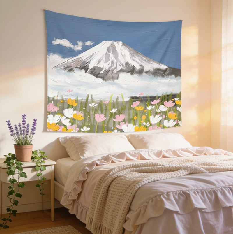 Snow-Capped Mountain Wildflower Wall Tapestry — Aesthetic Nature Bedroom & Boho Decor