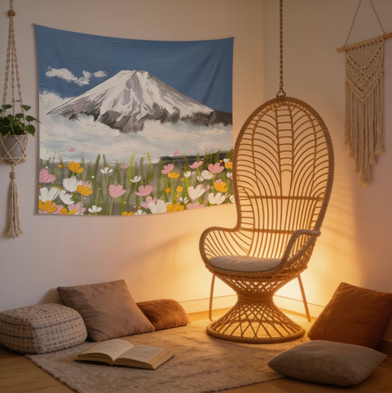Snow-Capped Mountain Wildflower Wall Tapestry — Aesthetic Nature Bedroom & Boho Decor
