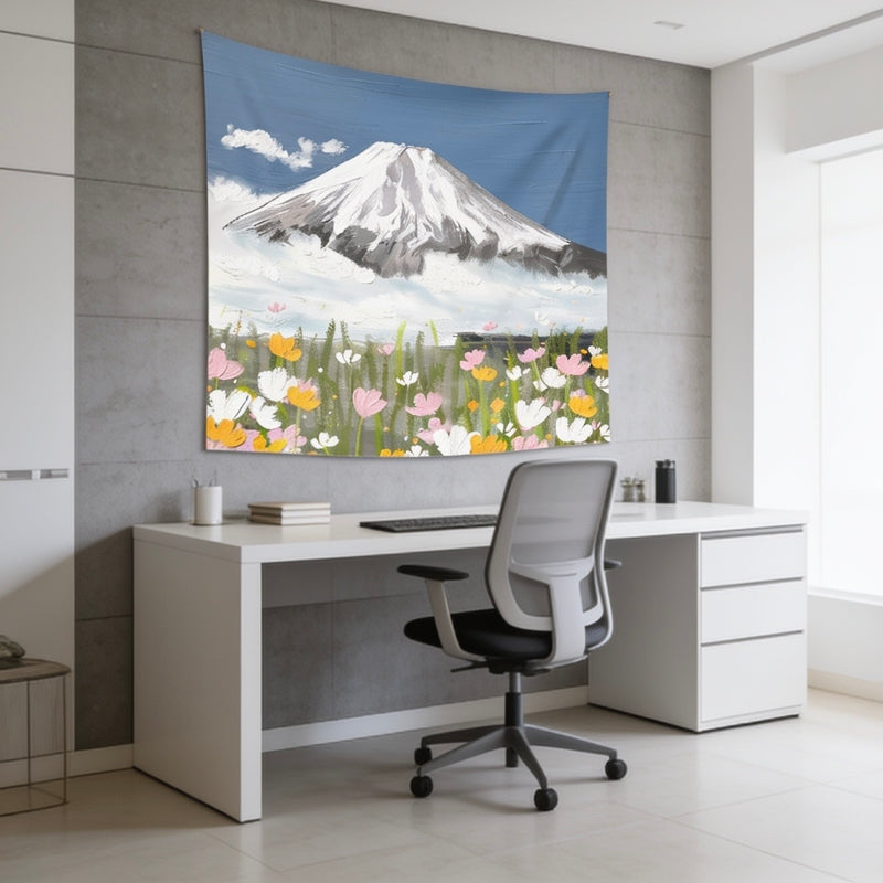 Snow-Capped Mountain Wildflower Wall Tapestry — Aesthetic Nature Bedroom & Boho Decor