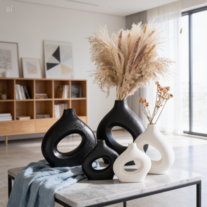 Matte Ceramic Ring Vase — Modern Boho Home Decor | White & Black
