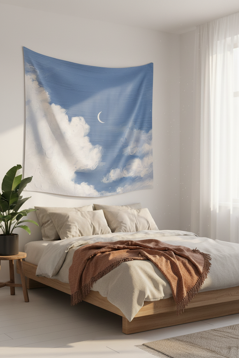 Crescent Moon Cloud Wall Tapestry — Dreamy Aesthetic Bedroom & Celestial Decor