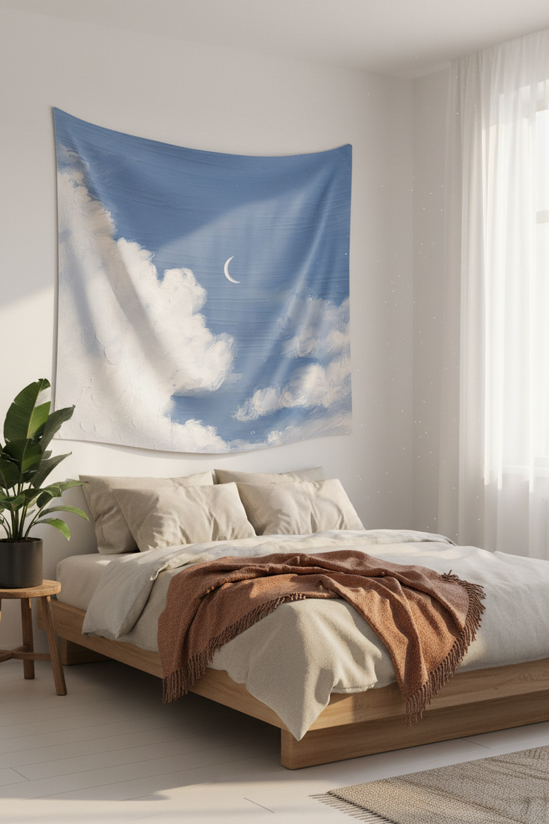 Crescent Moon Cloud Wall Tapestry — Dreamy Aesthetic Bedroom & Celestial Decor