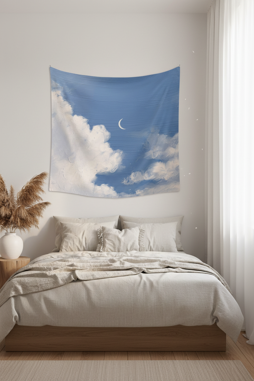 Crescent Moon Cloud Wall Tapestry — Dreamy Aesthetic Bedroom & Celestial Decor