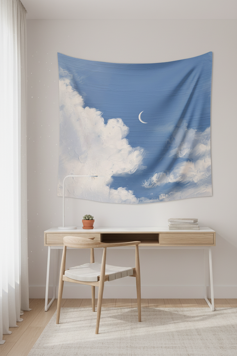 Crescent Moon Cloud Wall Tapestry — Dreamy Aesthetic Bedroom & Celestial Decor