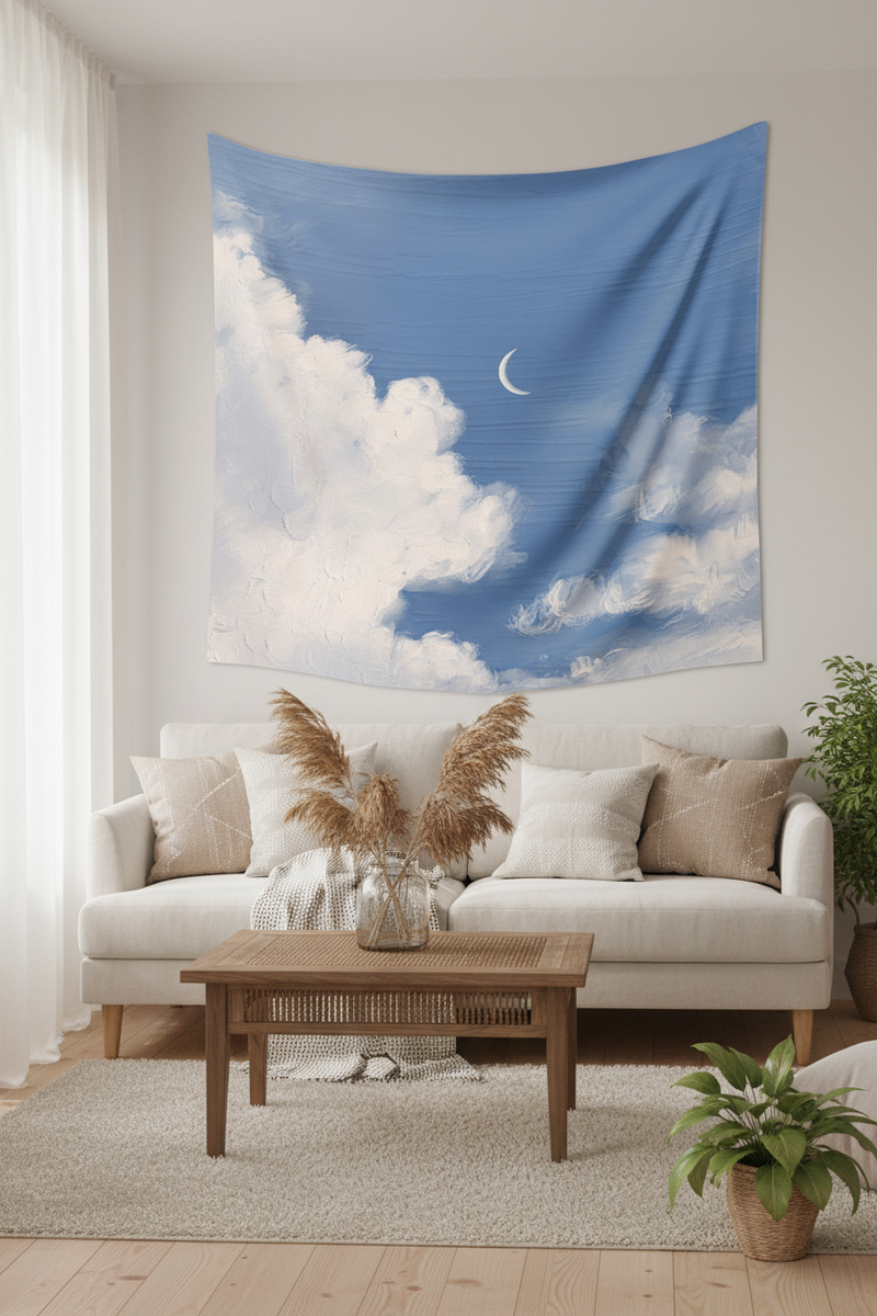 Crescent Moon Cloud Wall Tapestry — Dreamy Aesthetic Bedroom & Celestial Decor