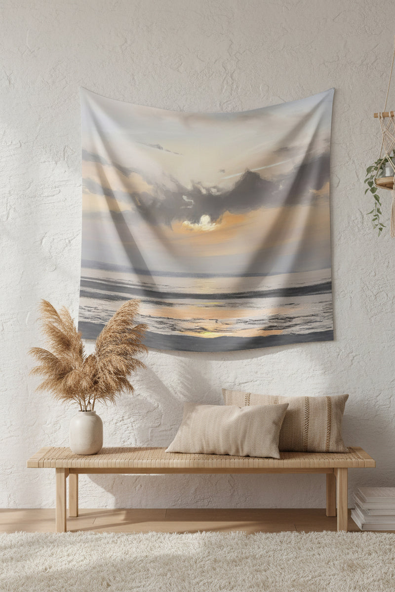 Moody Sunset Beach Wall Tapestry — Coastal Boho Bedroom & Living Room Decor
