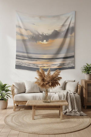 Moody Sunset Beach Wall Tapestry — Coastal Boho Bedroom & Living Room Decor