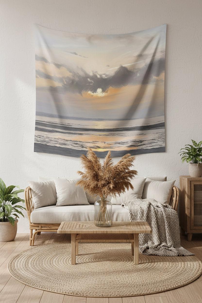 Moody Sunset Beach Wall Tapestry — Coastal Boho Bedroom & Living Room Decor